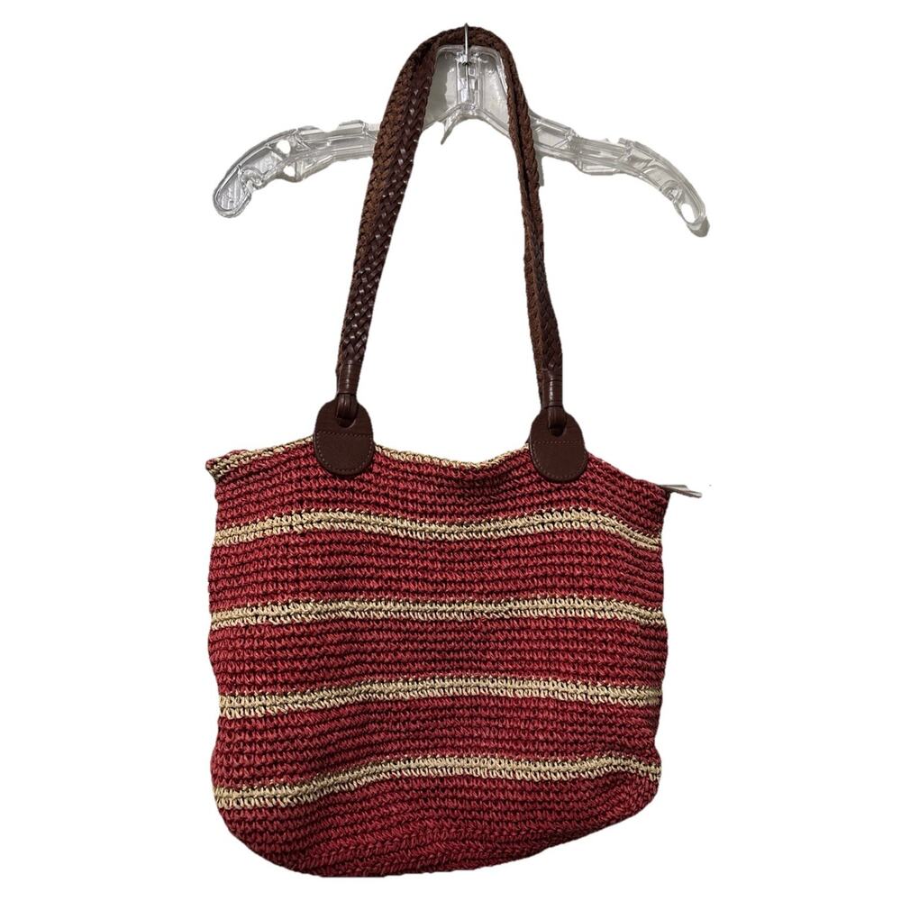 Talbots Woven Straw Striped Tote Bag Red Natural Leather Summer Shoulder Bag